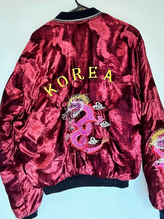 Other - Vtg 80s 90s Crushed Velvet Sukajan Souvenir Jacket - Korea Dragon Bomber